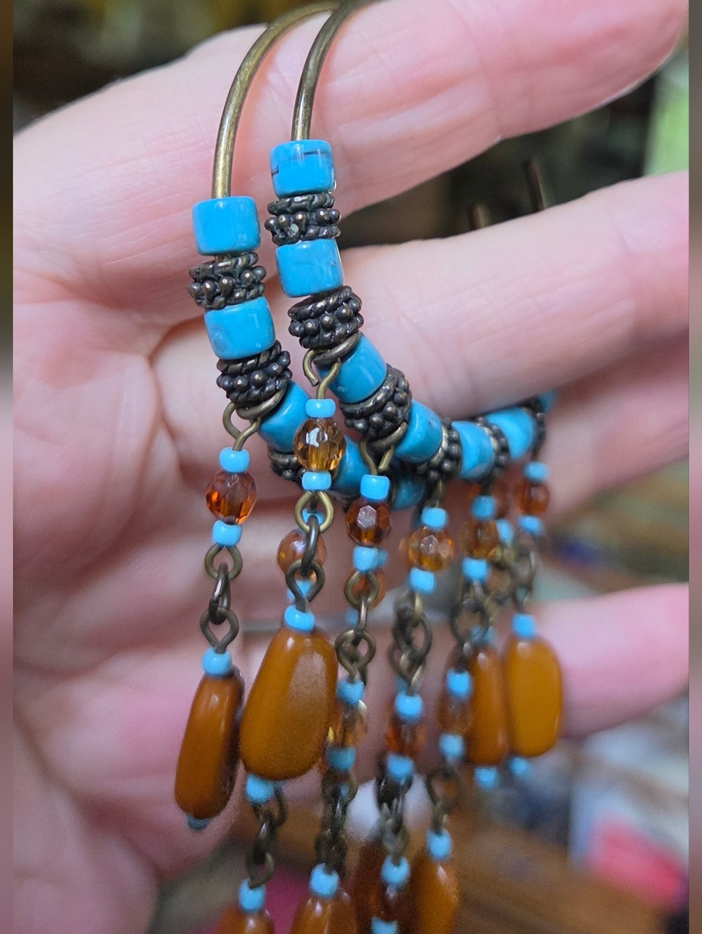 Boho Turquoise & Amber Vintage Beaded Hoop Earrings - Picture 4 of 6